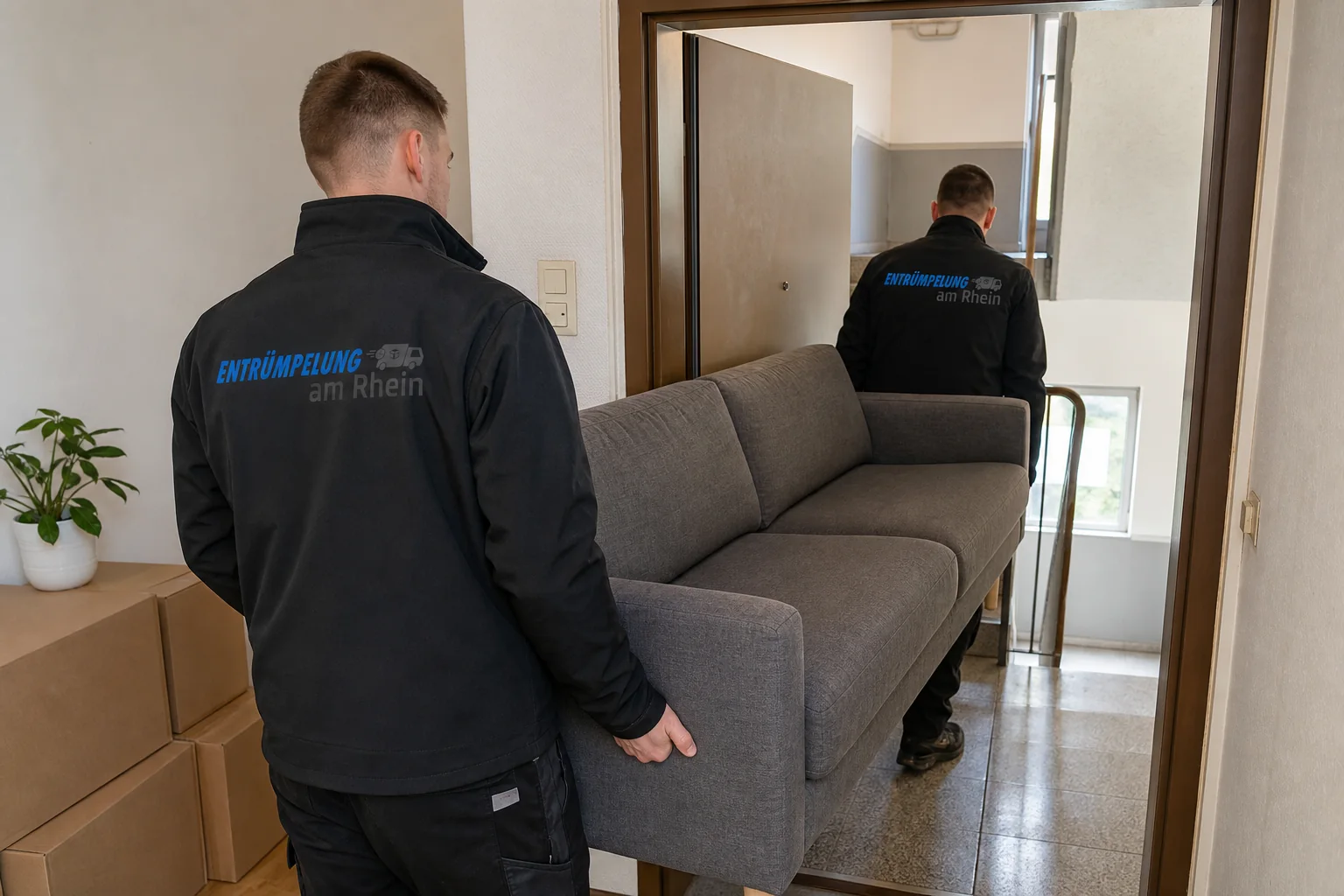 Zwei Mitarbeiter von Entrümpelung am Rhein tragen ein Sofa aus einer Wohnung